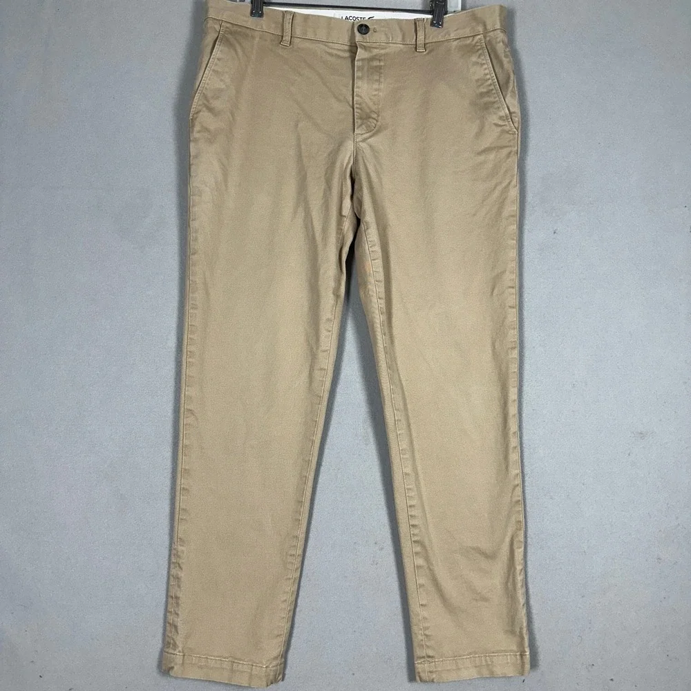 Lacoste Pants Men 38X32 Slim Fit Chino Khaki Tan Stretch Straight Leg Flat Front
